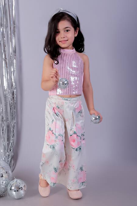 Buy Lil Drama Pink Polyester, Cotton Sequins Floral Printed Top And Pant Set Online at Aza Fashions Buy_Lil Drama_Pink Polyester, Cotton Sequins Floral Printed Top And Pant Set _Online_at_Aza_Fashions