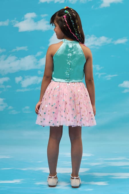 Shop_Lil Drama_Blue Polyester, Satin Embroidery, Foil Halter Neck Floral Top And Skirt Set _at_Aza_Fashions