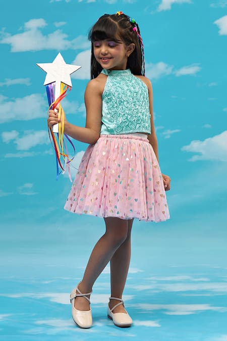 Lil Drama_Blue Polyester, Satin Embroidery, Foil Halter Neck Floral Top And Skirt Set _Online_at_Aza_Fashions