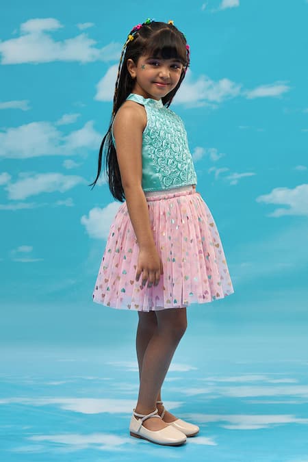 Buy_Lil Drama_Blue Polyester, Satin Embroidery, Foil Halter Neck Floral Top And Skirt Set _Online_at_Aza_Fashions