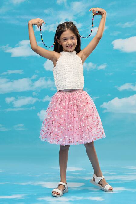 Lil Drama Pink Polyester Textured Top And Skirt Set Online at Aza Fashions Lil Drama_Pink Polyester Textured Top And Skirt Set _Online_at_Aza_Fashions