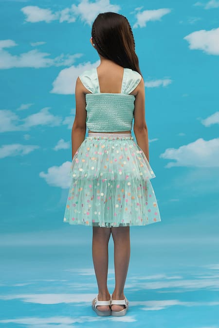 Shop_Lil Drama_Green Polyester, Satin Bows Top And Tiered Polka Dot Skirt Set _at_Aza_Fashions