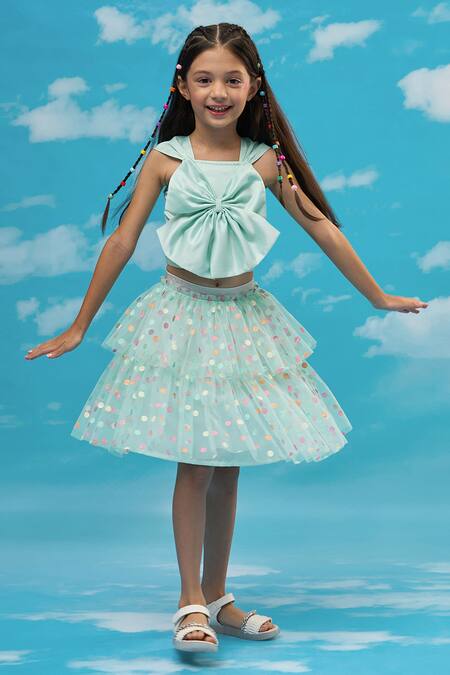 Lil Drama_Green Polyester, Satin Bows Top And Tiered Polka Dot Skirt Set _Online_at_Aza_Fashions