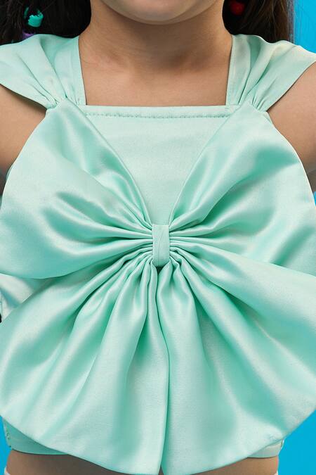 Buy_Lil Drama_Green Polyester, Satin Bows Top And Tiered Polka Dot Skirt Set _Online_at_Aza_Fashions