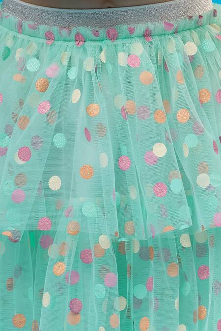 Shop_Lil Drama_Green Polyester, Satin Bows Top And Tiered Polka Dot Skirt Set _Online_at_Aza_Fashions