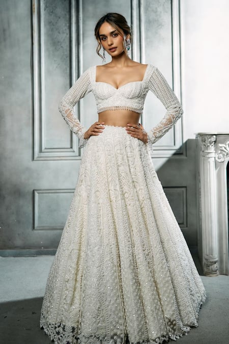 Buy_Isa By Dolly Wahal_Ivory Net Cut Work, Sequins, Pearls Sweetheart Neck Ira Embroidered Lehenga Set 