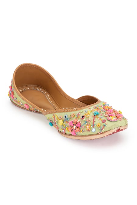 Shop_5elements_Green Thread Rudrani Zardozi Embroidered Juttis _Online_at_Aza_Fashions