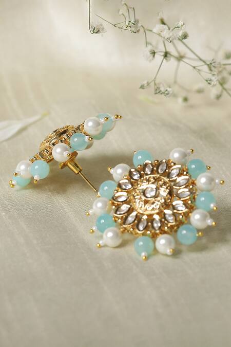 Shop Xago Blue Pearls, Diamonds, Stones Le Manya Florin Kundan Studs at Aza Fashions Shop_Xago_Blue Pearls, Diamonds, Stones Le Manya Florin Kundan Studs _at_Aza_Fashions