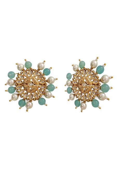 Xago Blue Pearls, Diamonds, Stones Le Manya Florin Kundan Studs Online at Aza Fashions Xago_Blue Pearls, Diamonds, Stones Le Manya Florin Kundan Studs _Online_at_Aza_Fashions