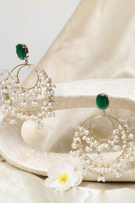Shop Xago Green Pearls, Stones Le Harmonia Chandbalis at Aza Fashions Shop_Xago_Green Pearls, Stones Le Harmonia Chandbalis _at_Aza_Fashions