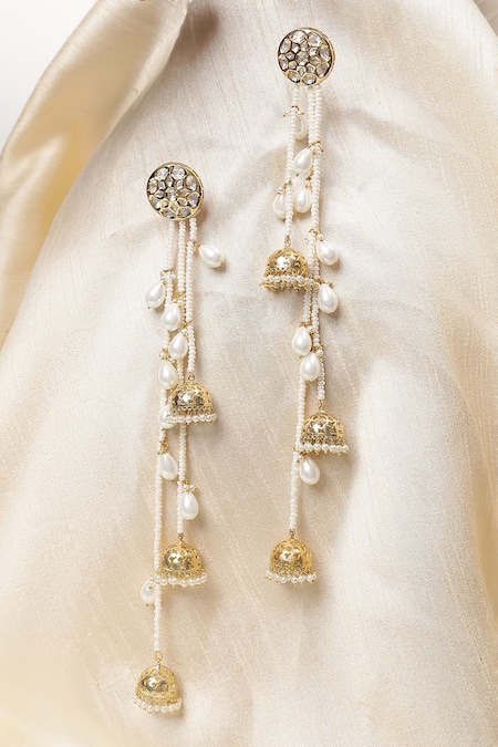 Shop Xago White Le Anetheia Pearl And Kundan Embellished Long Jhumkas at Aza Fashions Shop_Xago_White Le Anetheia Pearl And Kundan Embellished Long Jhumkas _at_Aza_Fashions