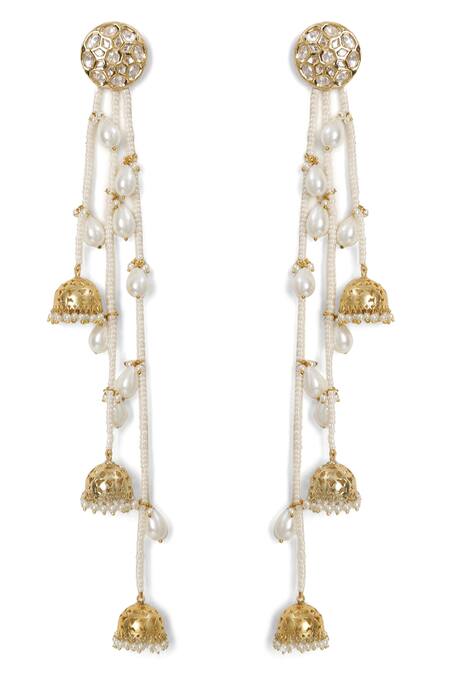Xago_White Le Anetheia Pearl And Kundan Embellished Long Jhumkas _Online_at_Aza_Fashions