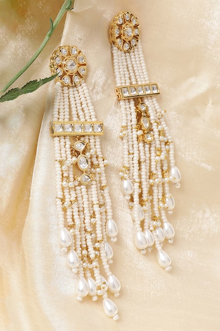 Shop Xago White Pearls, Gota Patti Le Adhrit Floret And Kundan Embellished Danglers at Aza Fashions Shop_Xago_White Pearls, Gota Patti Le Adhrit Floret And Kundan Embellished Danglers _at_Aza_Fashions