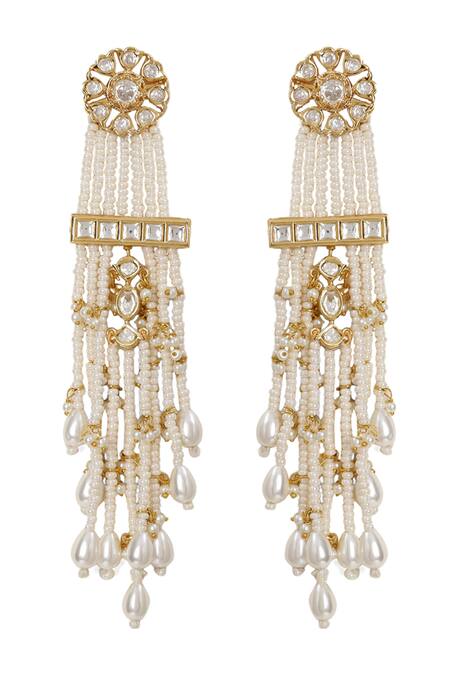 Xago White Pearls, Gota Patti Le Adhrit Floret And Kundan Embellished Danglers Online at Aza Fashions Xago_White Pearls, Gota Patti Le Adhrit Floret And Kundan Embellished Danglers _Online_at_Aza_Fashions