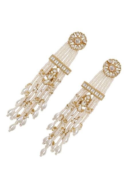 Shop Xago White Pearls, Gota Patti Le Adhrit Floret And Kundan Embellished Danglers Online at Aza Fashions Shop_Xago_White Pearls, Gota Patti Le Adhrit Floret And Kundan Embellished Danglers _Online_at_Aza_Fashions