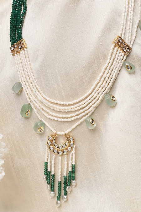 Shop Xago Green Le Eos Pearl And Quartz Embellished Layered Necklace at Aza Fashions Shop_Xago_Green Le Eos Pearl And Quartz Embellished Layered Necklace _at_Aza_Fashions