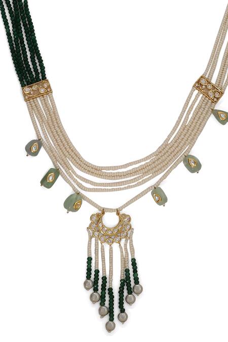 Xago Green Le Eos Pearl And Quartz Embellished Layered Necklace Online at Aza Fashions Xago_Green Le Eos Pearl And Quartz Embellished Layered Necklace _Online_at_Aza_Fashions
