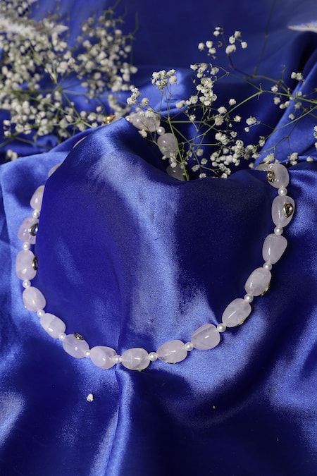 Shop Xago Pink Le Selas Quartz And Kundan Embellished Necklace at Aza Fashions Shop_Xago_Pink Le Selas Quartz And Kundan Embellished Necklace _at_Aza_Fashions