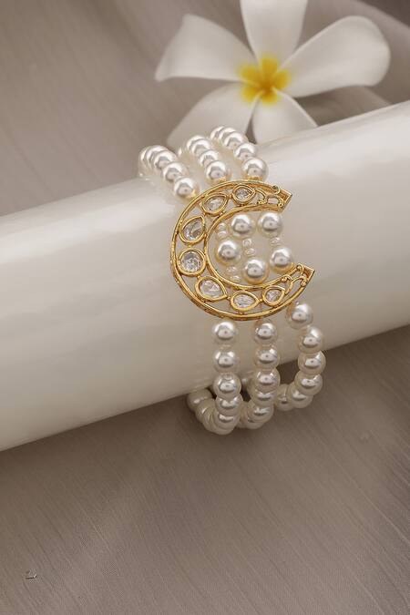 Shop_Xago_White Pearls, Gota Patti Le Eleonora Chand And Kundan Bracelet _Online_at_Aza_Fashions