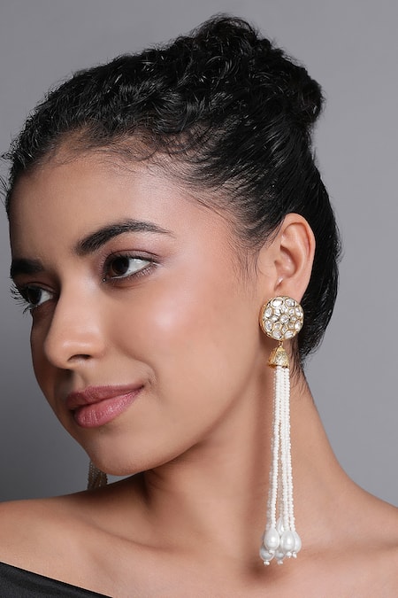 XAGO White Pearls Le Melpomene And Kundan Chandelier Long Earrings 