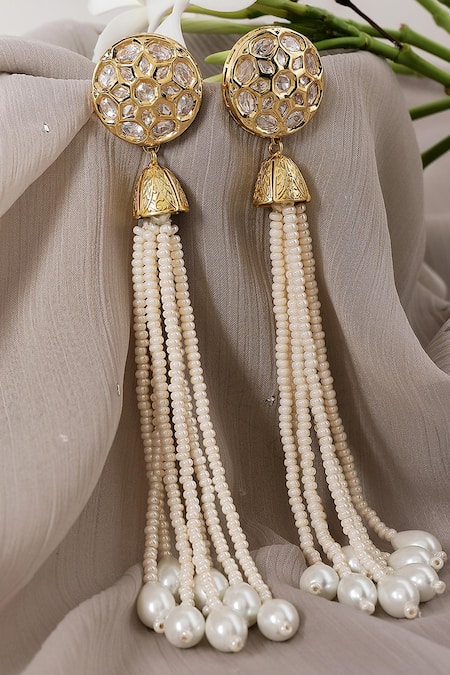 Shop Xago White Pearls, Diamonds Le Melpomene And Kundan Chandelier Long Earrings at Aza Fashions Shop_Xago_White Pearls, Diamonds Le Melpomene And Kundan Chandelier Long Earrings _at_Aza_Fashions