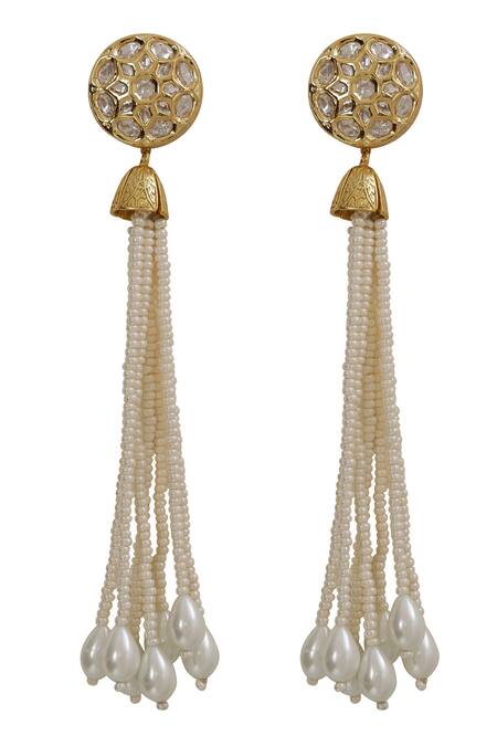 Xago_White Pearls, Diamonds Le Melpomene And Kundan Chandelier Long Earrings _Online_at_Aza_Fashions