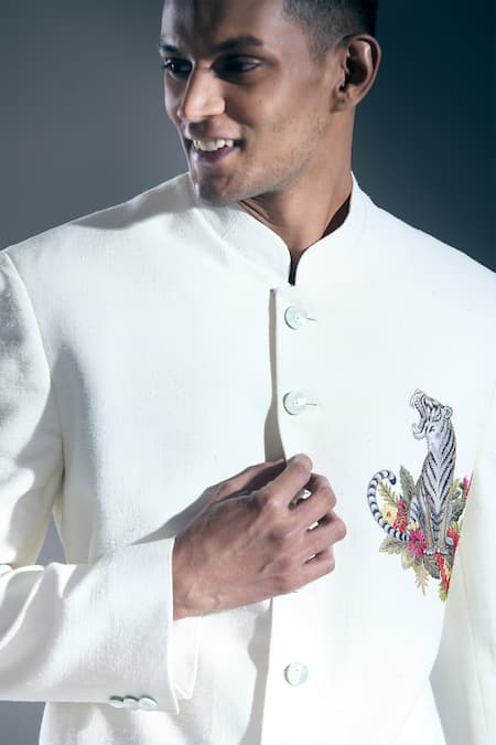 Rohit Bal_Ivory Embroidery Tiger Placed Sherwani _at_Aza_Fashions