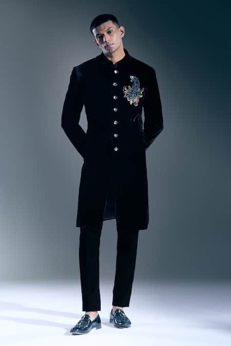 Rohit Bal_Black Embroidery Tiger Placed Sherwani _Online_at_Aza_Fashions