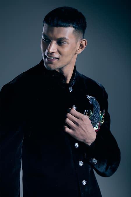 Buy_Rohit Bal_Black Embroidery Tiger Placed Sherwani _Online_at_Aza_Fashions