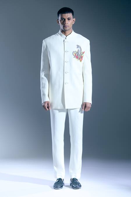 Rohit Bal_Ivory Embroidery Tiger Placed Bandhgala _Online_at_Aza_Fashions