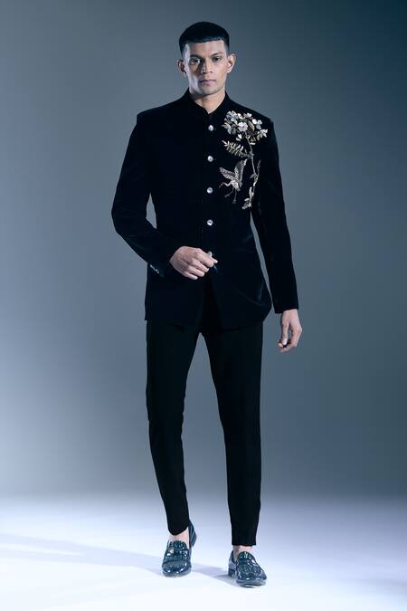 Rohit Bal_Black Embroidery Botanic Bandhgala _Online_at_Aza_Fashions