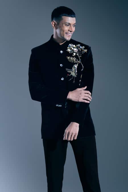 Buy_Rohit Bal_Black Embroidery Botanic Bandhgala _Online_at_Aza_Fashions