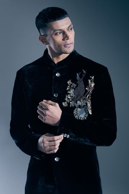 Rohit Bal_Black Velvet Sequins, Beads Placed Embroidered Bandhgala _Online_at_Aza_Fashions