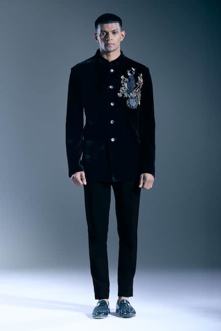 Shop_Rohit Bal_Black Velvet Sequins, Beads Placed Embroidered Bandhgala _Online_at_Aza_Fashions