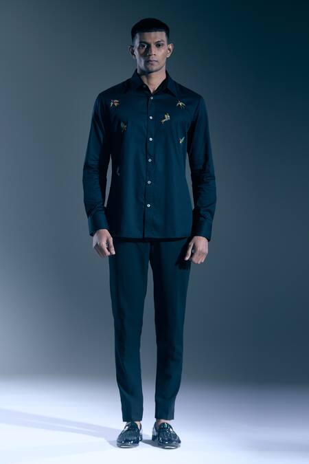 Shop_Rohit Bal_Black Embroidery Bird Shirt _Online_at_Aza_Fashions