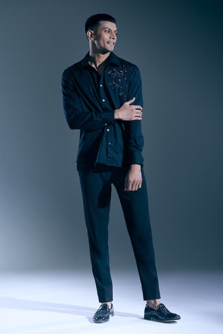 Rohit Bal_Black Sequins, Embroidery Tonal Shirt _Online_at_Aza_Fashions