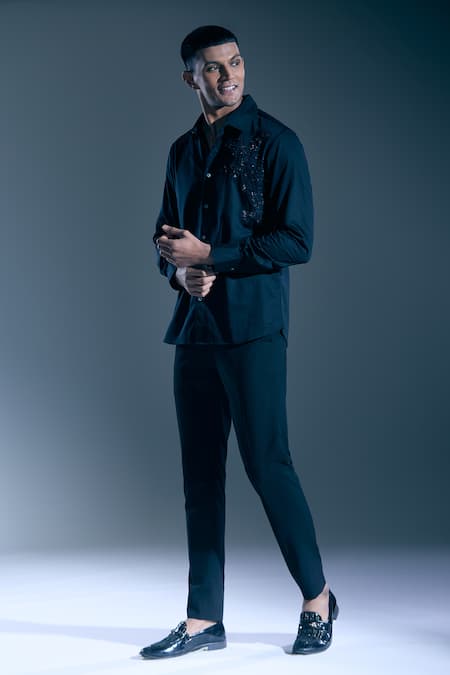 Buy_Rohit Bal_Black Sequins, Embroidery Tonal Shirt _Online_at_Aza_Fashions