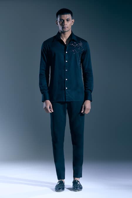 Shop_Rohit Bal_Black Sequins, Embroidery Tonal Shirt _Online_at_Aza_Fashions