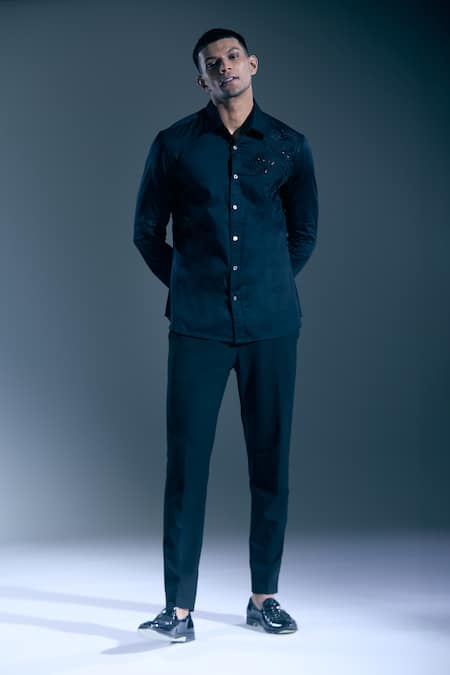 Buy_Rohit Bal_Black Sequins, Embroidery Rose Shirt _Online_at_Aza_Fashions