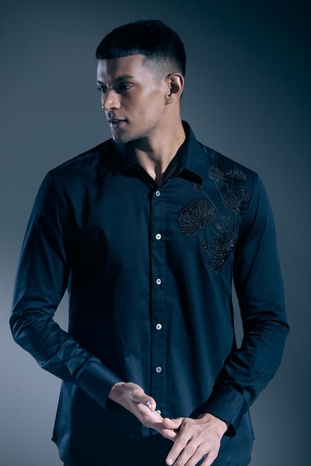 Shop_Rohit Bal_Black Sequins, Embroidery Rose Shirt _Online_at_Aza_Fashions