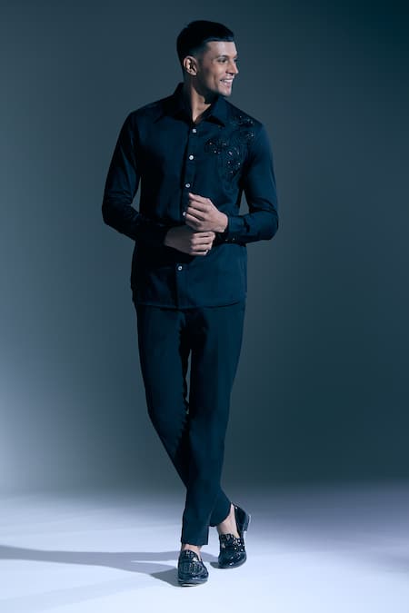 Rohit Bal_Black Sequins, Embroidery Rose Shirt _at_Aza_Fashions