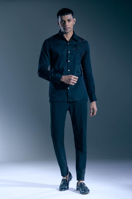 Buy_Rohit Bal_Black Sequins, Embroidery Rose Shirt 