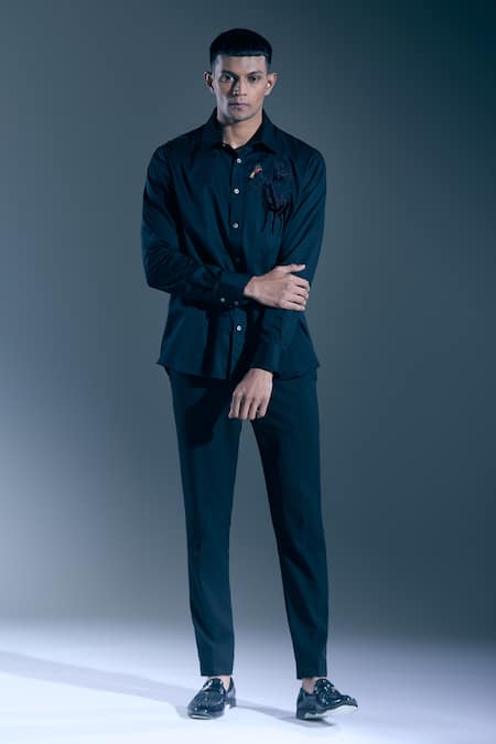 Buy Rohit Bal Black Embroidery Botanic Motif Placed Shirt Buy_Rohit Bal_Black Embroidery Botanic Motif Placed Shirt