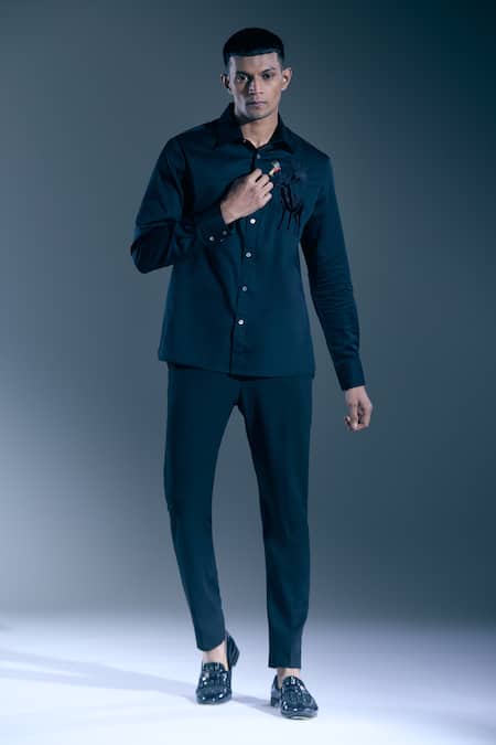 Rohit Bal_Black Embroidery Botanic Shirt _Online_at_Aza_Fashions