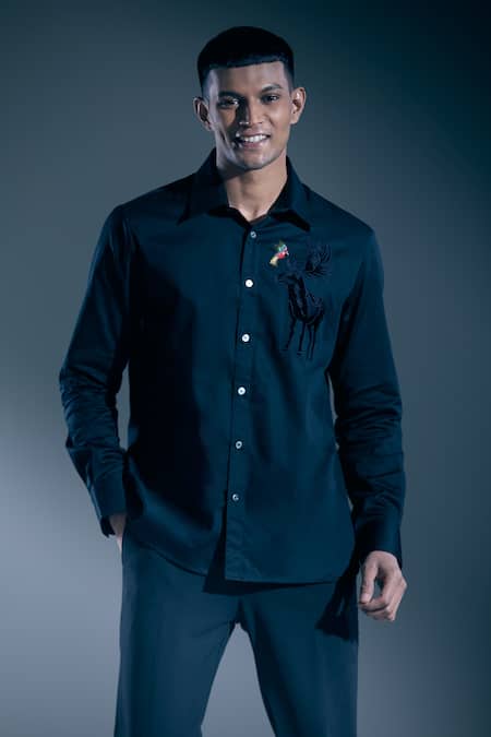 Shop_Rohit Bal_Black Embroidery Botanic Shirt _Online_at_Aza_Fashions