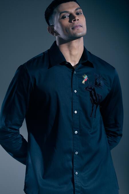 Rohit Bal_Black Embroidery Botanic Shirt _at_Aza_Fashions