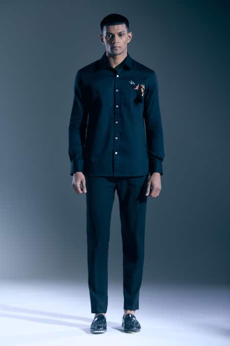 Rohit Bal_Black Embroidery Placed Botanic Shirt _Online_at_Aza_Fashions