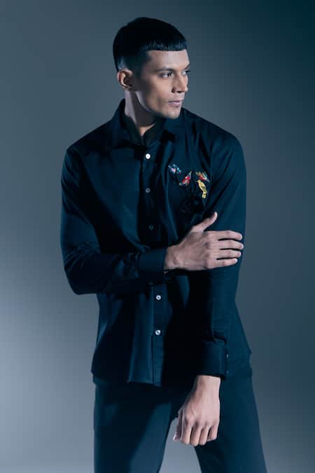 Buy_Rohit Bal_Black Embroidery Placed Botanic Shirt _Online_at_Aza_Fashions