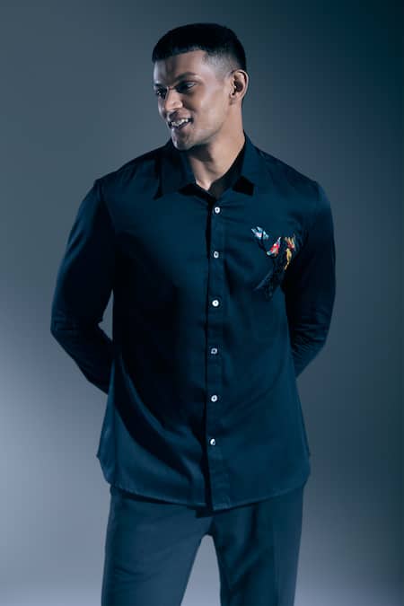 Shop_Rohit Bal_Black Embroidery Placed Botanic Shirt _Online_at_Aza_Fashions