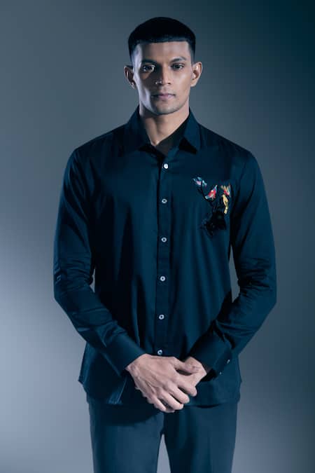 Rohit Bal_Black Embroidery Placed Botanic Shirt _at_Aza_Fashions